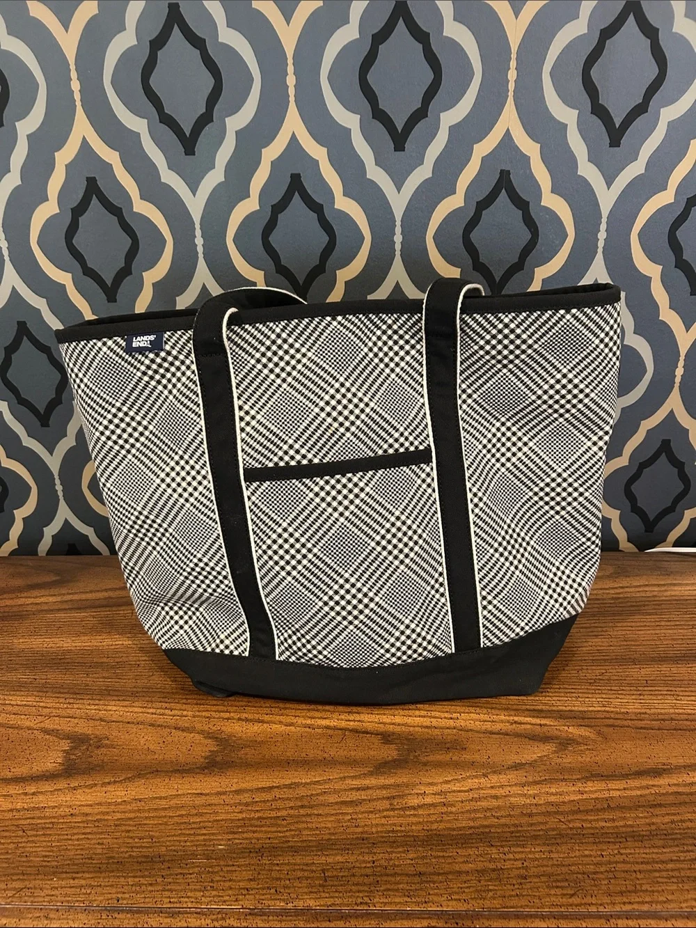 Lands' End Large Black and White Plaid Canvas Tote with long Straps with Zipper - Picture 2 of 6